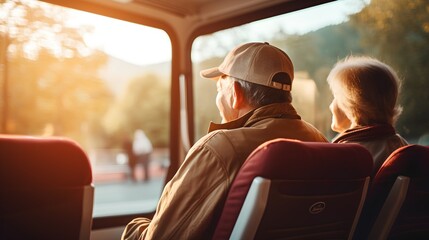 A senior couple is seen enjoying their time traveling in a tour bus, looking out the window with excitement and joy, exploring new places together in their golden years.
