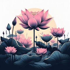 Pink Lotus flower and green Leaf. Blooming Water Lily. Watercolor illustration isolated on a white background. Hand-drawn composition for poster, cards, greeting, cosmetics packaging. Generative AI 