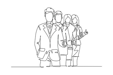 Continuous one line drawing group of line up young happy businessmen standing up together and giving thumbs up gesture. Business teamwork concept. Single line draw design vector graphic illustration