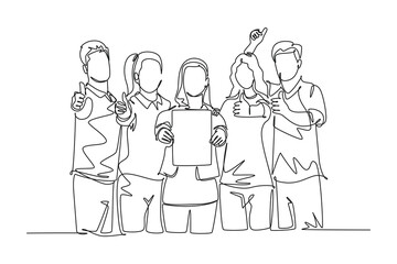 Continuous one line drawing group of young happy entrepreneur shows award certificate and giving thumbs up gesture together. Business achievement. Single line draw design vector graphic illustration