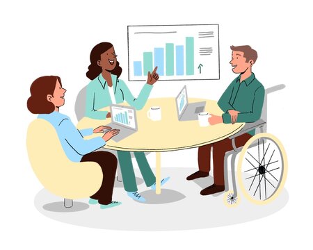 Meeting with businessman in wheelchair. Diversity, teamwork, inclusion concept. People with disabilities working in office.