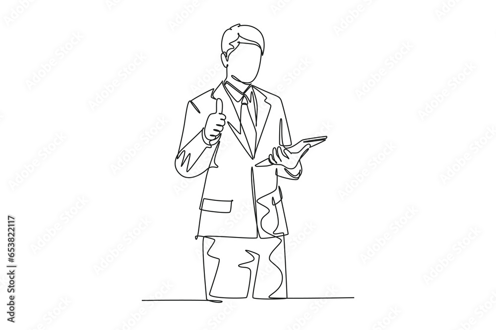 Wall mural Single one line drawing business man standing up while holding paper and giving thumbs up gesture. Success business presentation concept. Modern continuous line draw design graphic vector illustration