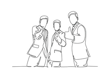 Single one line drawing group of young happy businessmen standing together and giving thumbs up gesture. Business owner teamwork concept. Modern continuous line draw design graphic vector illustration