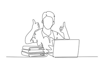 Single one line drawing young happy male college student study in the campus library beside stack of books and laptop. Education concept. Modern continuous line draw design graphic vector illustration