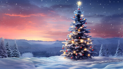 Christmas tree with balls and lights behind a red sky, snow falling atmosphere.
