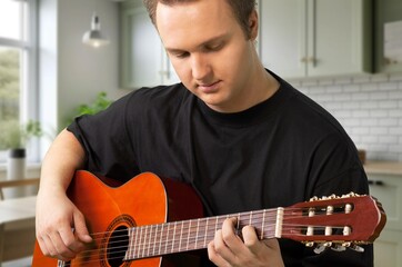 Obraz premium Cheerful young Student man Playing Guitar, AI generated image