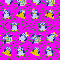 Fototapeta premium Cute multicolored blue-yellow-green owls on violet background. One pattern from the collection for kids. Vector illustration