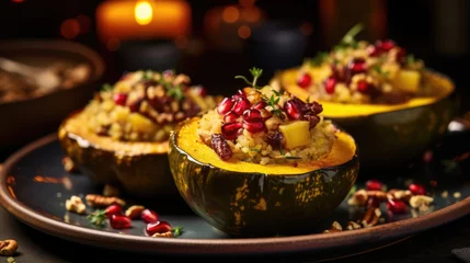 Fotobehang Stuffed acorn squash with quinoa and cranberry stuffing,  a festive alternative to holiday dishes © basketman23