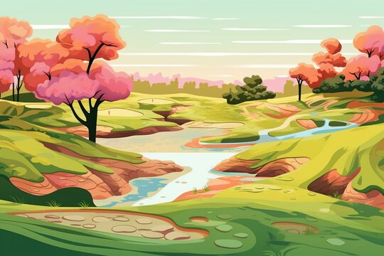 Abstract illustration of a golf course in a spring setting with an international golf landscape as a mural background. Generative AI