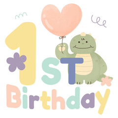 cute kawaii trex dino birthday party with flower, balloon, doodle the inscription my first birthday. Funny baby print. Kids birthday party. © Pattaranun