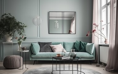 Stylish scandinavian living room interior with design