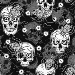 Halloween monochrome pattern with flying eye monsters, skull with red eyeballs, crawling robot spiders, grunge distorted silhouette of spider web. Freaky, creepy, spooky illustration in vintage style