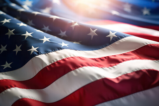 Stars, Stripes, and Freedom: American Flag Waves Proudly in the Breeze, Bathed in Bright Light