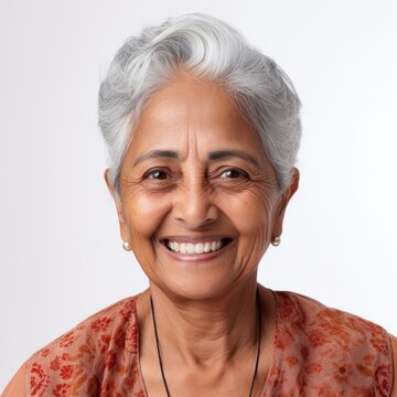 a closeup photo portrait of a beautiful old mature indian asian woman smiling with clean teeth. for a dental ad. lady with stylish hair and skin care. isolated on white background. Generative AI