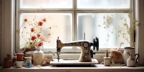 AI Generated. AI Generative. Vintage retro sewing machine on window with flowers. Decorative home cozy background. Hand craft tailor industry - obrazy, fototapety, plakaty