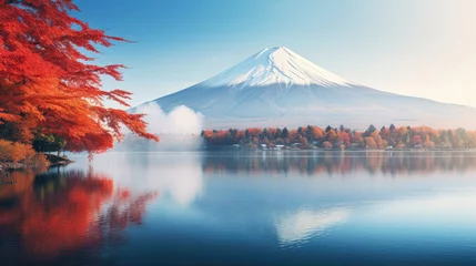 Foto auf Acrylglas Fuji Colorful Autumn Season and Mountain Fuji with morning fog and red leaves at lake Kawaguchiko is one of the best places in Japan