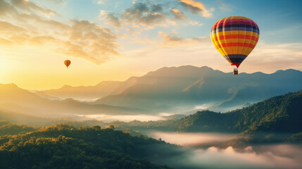 Hot air balloon above high mountain at sunset, filtered background