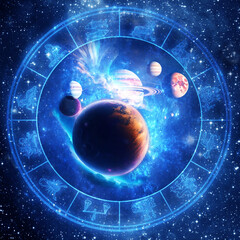 astrology concept with various planets, universe nebula, zodiac signs and horoscope in blue color