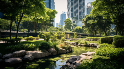 Beautiful city park with buildings in background. Urbanization and sustainable environment concept - obrazy, fototapety, plakaty