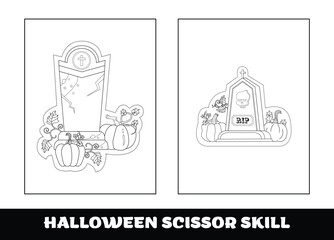Halloween scissor skill for kids. Halloween scissor skill education coloring page for preschool kids.