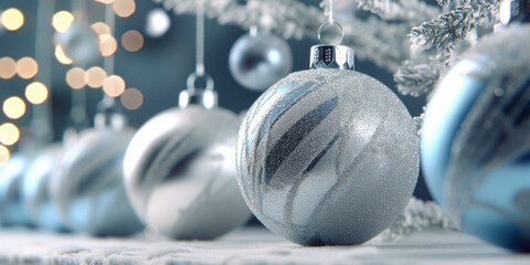 Christmas banner with elegant blue and silver christmas tree baubles.