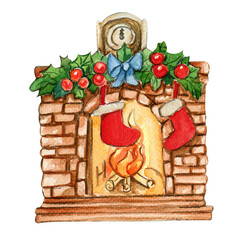 Fireplace with yellow light from it and socks for Santa. Watercolor Christmas hand drawn illustration for cards, backgrounds, scrapbooking and your design. Perfect for wedding invitation.