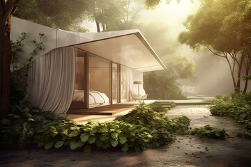 Conceptual image of a quaint residence sheltered by a spacious protective canopy. Generative AI