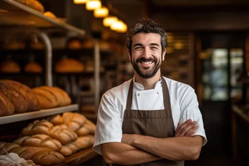 Rolgordijnen Baker man Smiling happy face portrait at a bakery © blvdone