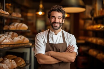 Baker man Smiling happy face portrait at a bakery - obrazy, fototapety, plakaty