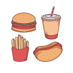 Fast Food Collection Set of Burger, Soft Drink, Fries and Hot Dog