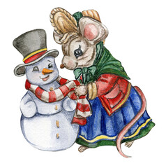 Watercolor Christmas mice in cartoon style. Watercolor Christmas hand drawn illustration for cards, backgrounds, scrapbooking and your design. Perfect for wedding invitation.