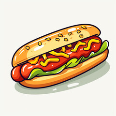 Cartoon-style illustration of hot dog isolated on plain background. Cheese is placed between slices of bread.