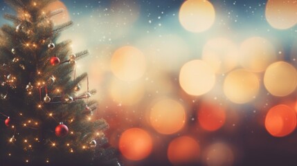 Fototapeta na wymiar Close up of branches of Christmas tree with shiny golden colorful bauble or ball, xmas ornaments and lights background, Merry Christmas and Happy New Year, AI generated