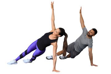 Backs of young sporty girl and guy doing physical exercise on a transparent background