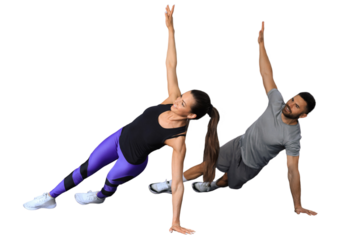 Backs of young sporty girl and guy doing physical exercise on a transparent background