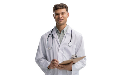 Portrait of young male doctor with stethoscopeon a transparent background