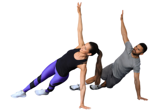Backs of young sporty girl and guy doing physical exercise on a transparent background