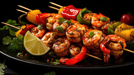 Grilled shrimp skewers with colorful bell peppers,  a light alternative to heavy meats