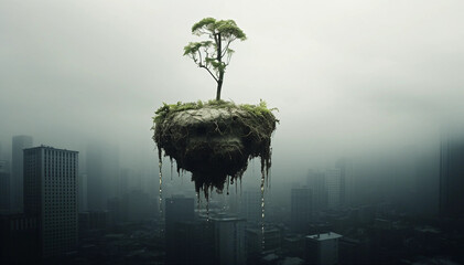 An Environmental Concept Featuring a Small Tree Hovering Above a City