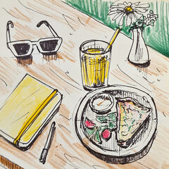 Sketch style breakfast in the cafe pizza, orange juice hand drawn illustration