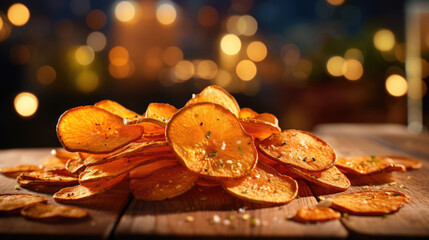 Baked sweet potato chips,  a healthier alternative to regular potato chips - obrazy, fototapety, plakaty