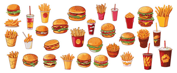 set of vector illustration of junk food. burger fries soda cartoon. isolated on a transparent background. eps 10	
