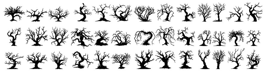 set of silhouettes of twisted spooky tree. halloween elements. isolated on transparent background. eps 10