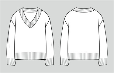 V-Neck jumper. Women's oversized knit sweater. Vector technical sketch. Mockup template.