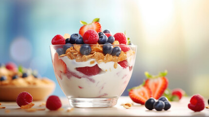 Greek yogurt parfait with fresh fruits,  a healthier alternative to sugary desserts - obrazy, fototapety, plakaty
