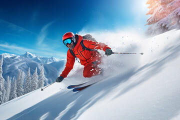 Skier sliding down a snowy slope - obrazy, fototapety, plakaty