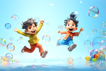 Smiling cartoon children playing above the surface of the water surrounded by soap bubbles on a blue background, symbolizing joy, childhood and happiness, bright postcard