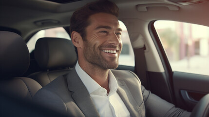 Elegance on the Road: A Happy, Attractive Man in a Suit Sporting a Perfect Smile Inside a Car .
