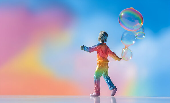 A young cute girl in a fashionable rainbow costume walks with soap bubbles floating in the air as the wind blows, symbolizing a refreshing, relaxing and joyful mood and tone
