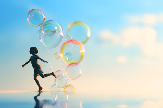A girl has fun and runs barefoot through the water from soap bubbles on a blurred light background, symbolizing a light breeze and a refreshing mood